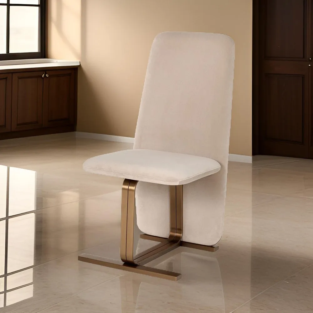 Cid Jim 19 Inch Dining Chair Set of 2, Beige Velvet Fabric, Brushed Brass By Casagear Home